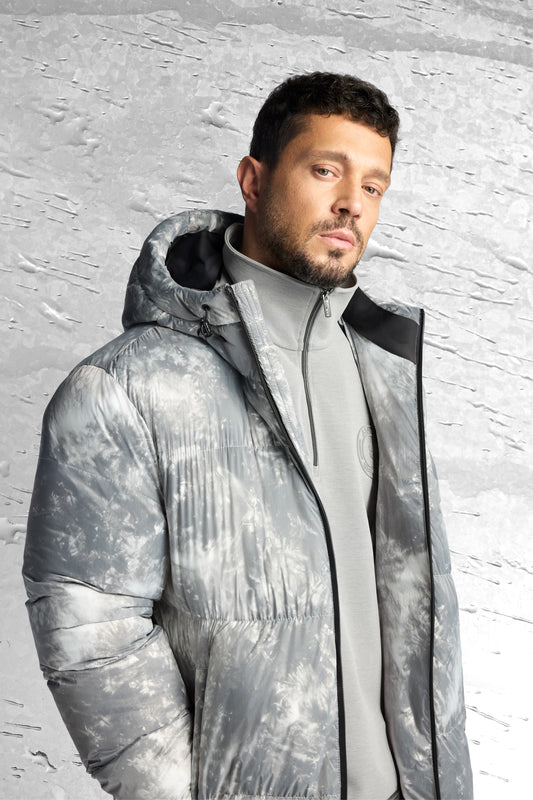 Gri Kapüşonlu Yaka Desenli Poliamid-elastan Kumaş Mont