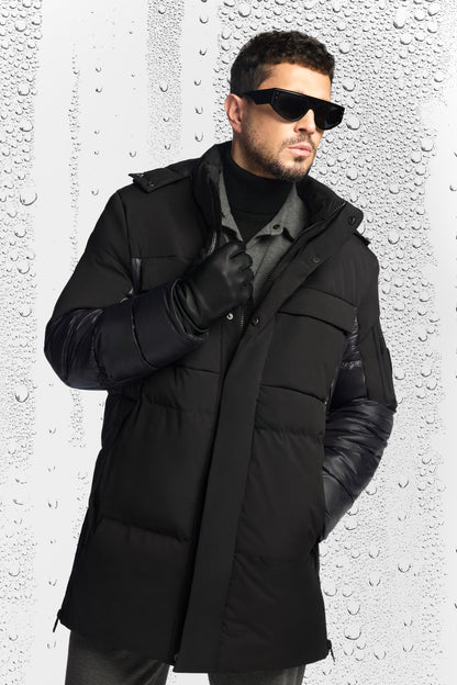 Siyah Takma Çıkma Kapüşonlu Düz Poliamid Kumaş Mont