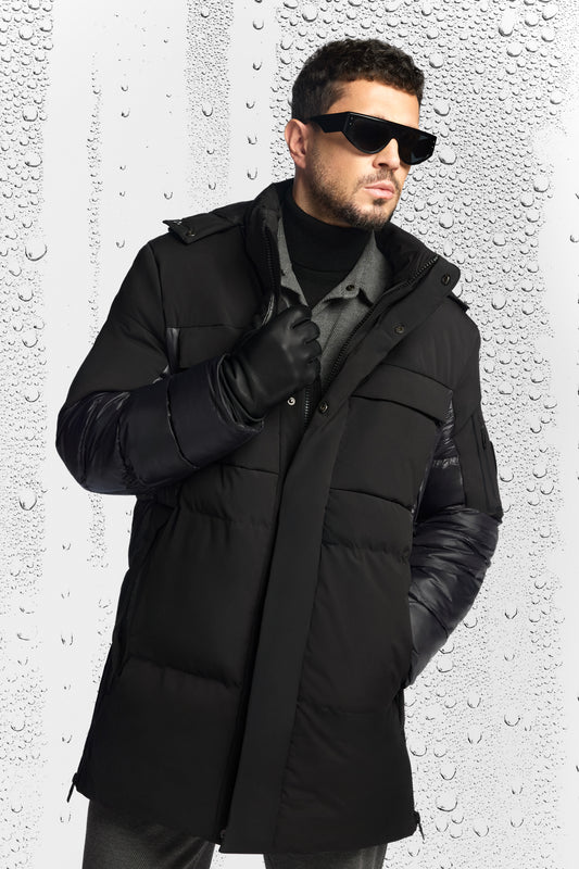 Siyah Takma Çıkma Kapüşonlu Düz Poliamid Kumaş Mont