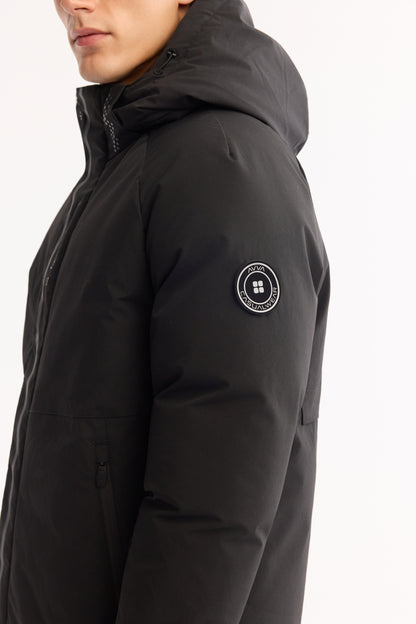 Siyah Takma Çıkma Kapüşonlu Düz Polyester Kumaş Mont