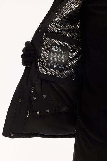 Siyah Takma Çıkma Kapüşonlu Düz Polyester Kumaş Mont