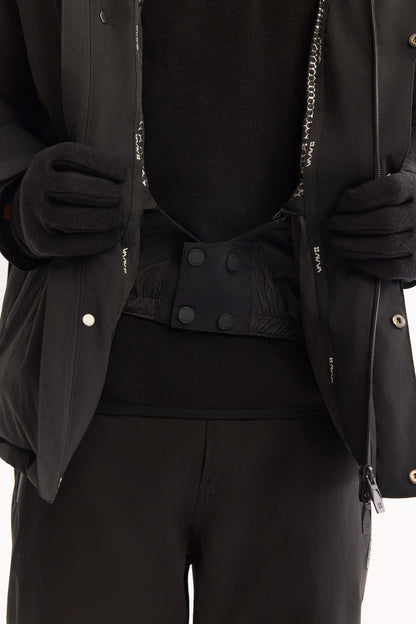 Siyah Takma Çıkma Kapüşonlu Düz Polyester Kumaş Mont