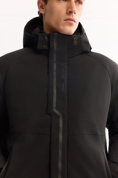 Siyah Takma Çıkma Kapüşonlu Düz Polyester Kumaş Mont