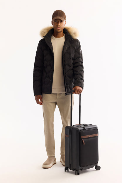 Siyah Takma Çıkma Kapüşonlu Düz Polyester Kumaş Mont