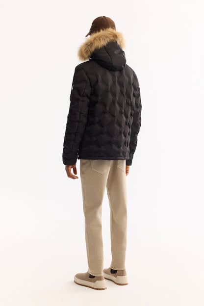 Siyah Takma Çıkma Kapüşonlu Düz Polyester Kumaş Mont