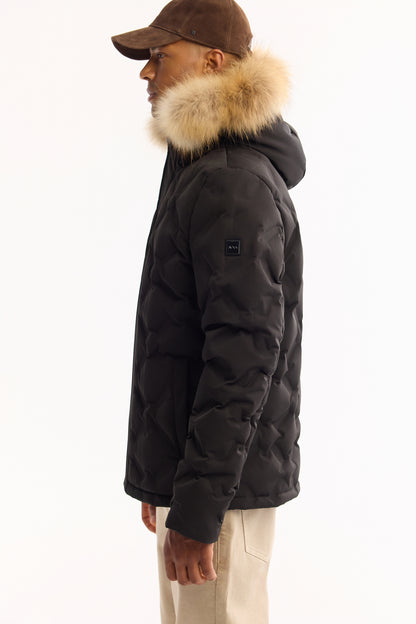 Siyah Takma Çıkma Kapüşonlu Düz Polyester Kumaş Mont