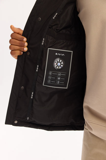 Siyah Takma Çıkma Kapüşonlu Düz Polyester Kumaş Mont