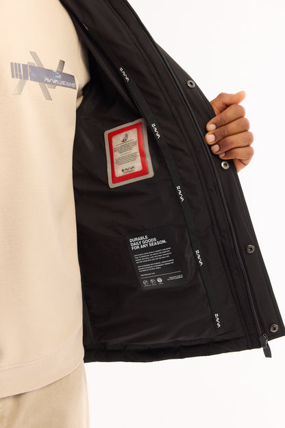 Siyah Takma Çıkma Kapüşonlu Düz Polyester Kumaş Mont