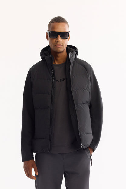 Siyah Kapüşonlu Yaka Düz Polyester Kumaş Mont