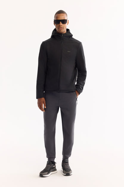 Siyah Kapüşonlu Yaka Düz Polyester Kumaş Mont