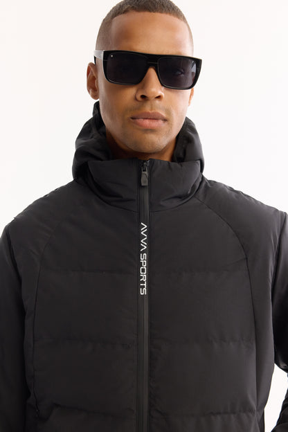 Siyah Kapüşonlu Yaka Düz Polyester Kumaş Mont