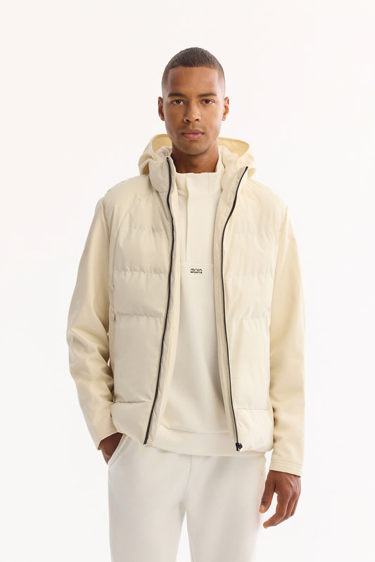 Ekru Kapüşonlu Yaka Düz Polyester Kumaş Mont