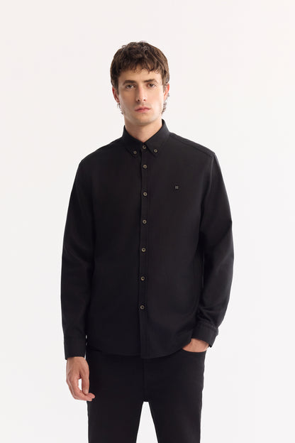 Siyah Düğmeli Yaka Düz Pamuk/ Viskon Kumaş Gömlek