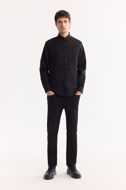 Siyah Düğmeli Yaka Düz Pamuk/ Viskon Kumaş Gömlek