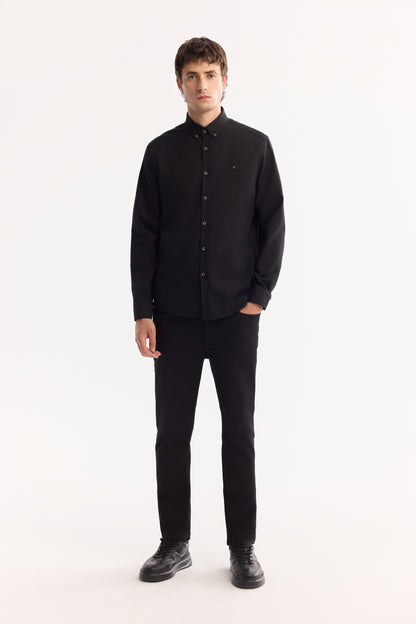 Siyah Düğmeli Yaka Düz Pamuk/ Viskon Kumaş Gömlek