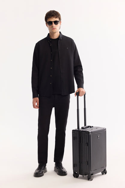 Siyah Düğmeli Yaka Düz Pamuk/ Viskon Kumaş Gömlek