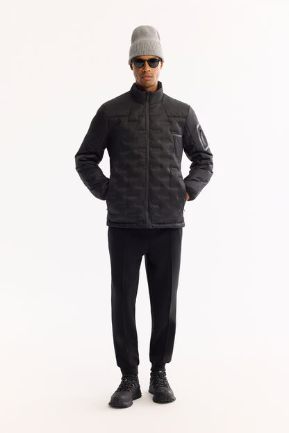 Siyah Dik Yaka Düz Polyester Kumaş Mont