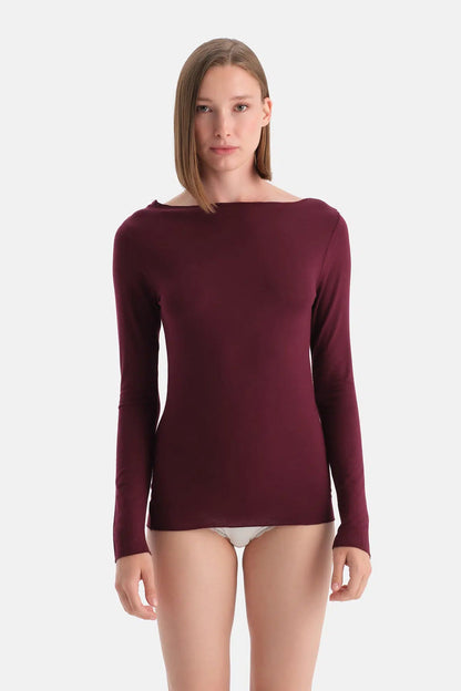 Bordo Modal Kaşmir Kayık Yaka Uzun Kollu Üst
