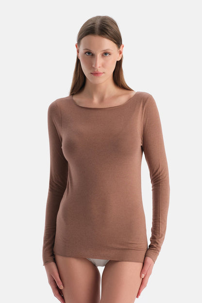 Mocha Modal Kaşmir Kayık Yaka Uzun Kollu Üst