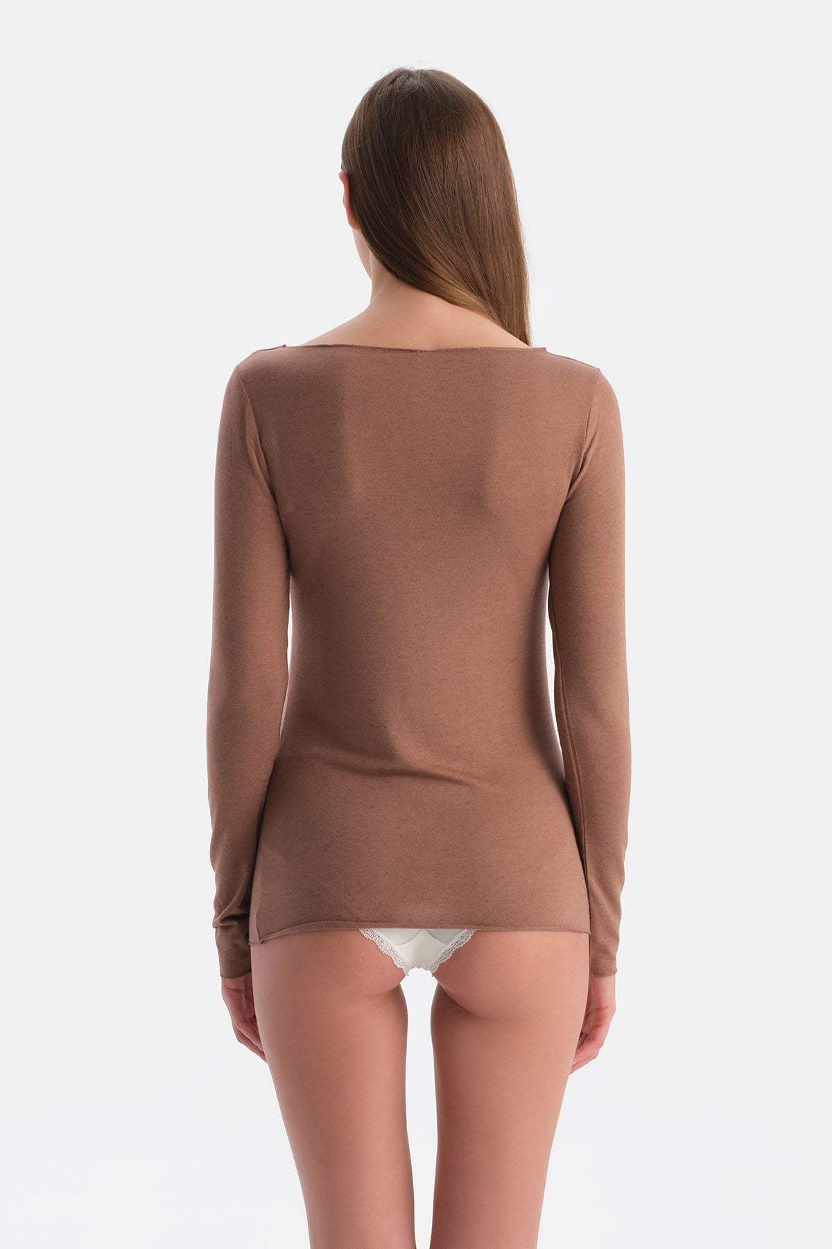 Mocha Modal Kaşmir Kayık Yaka Uzun Kollu Üst