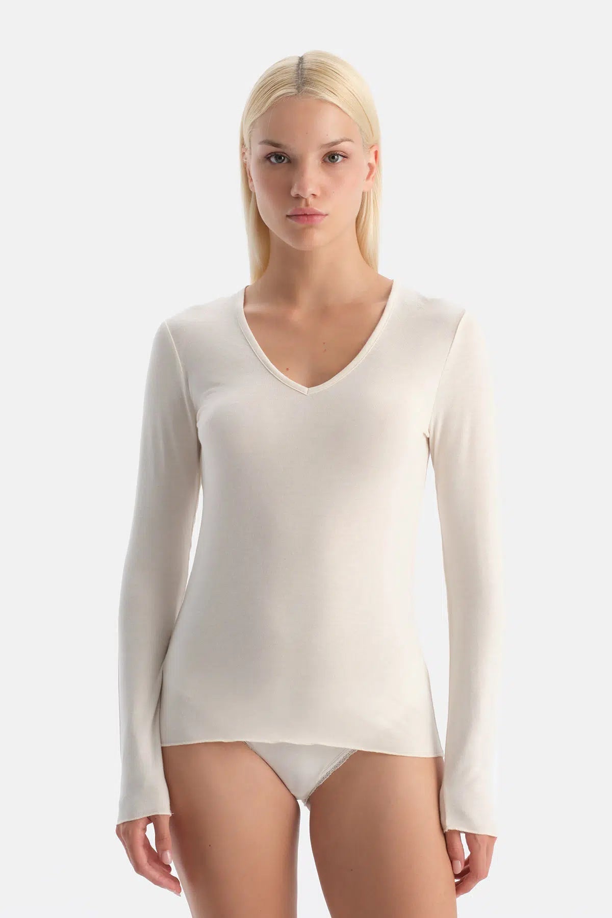 Ekru 5119kc Modal Kaşmir V Yaka Uzun Kollu Üst