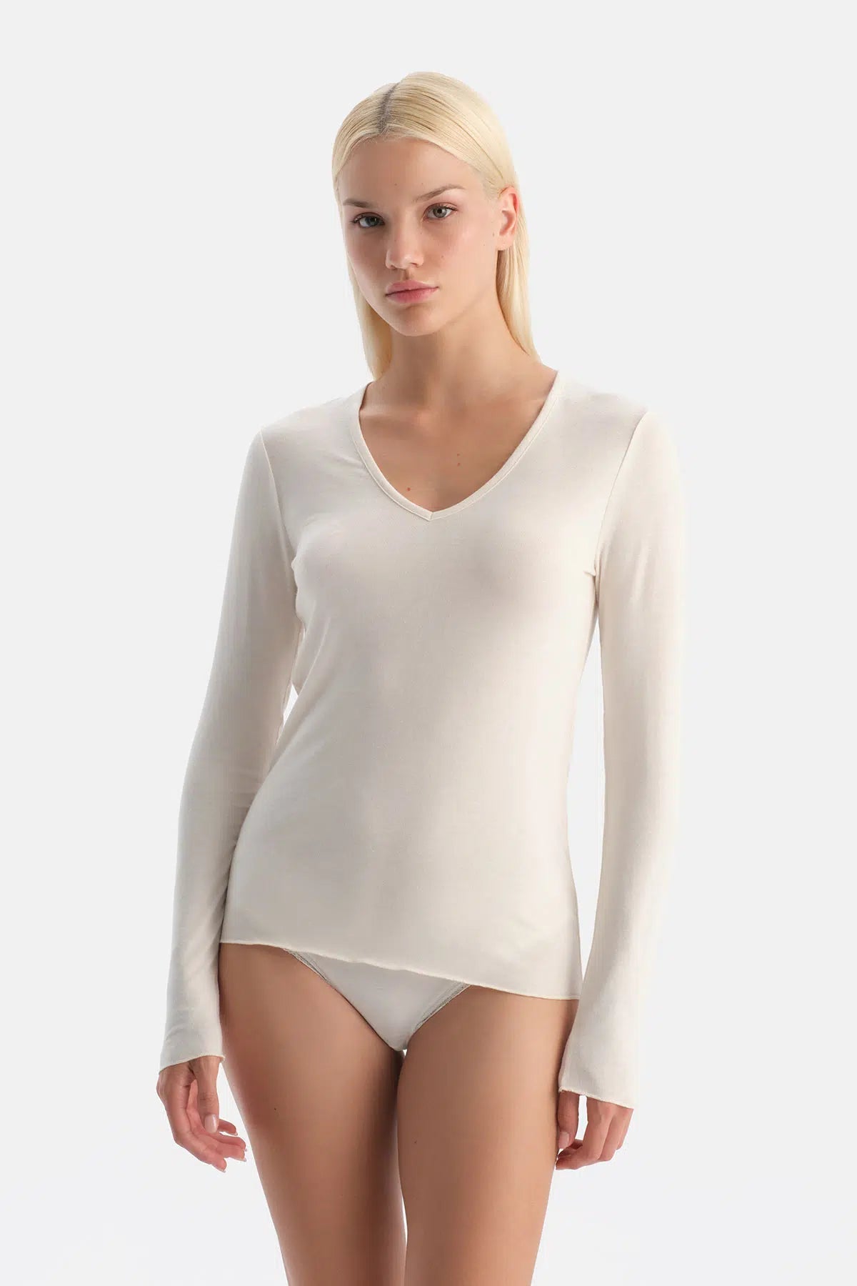 Ekru 5119kc Modal Kaşmir V Yaka Uzun Kollu Üst