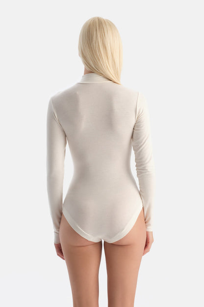 Ekru 5018kc Modal Kaşmir Uzun Kollu Balıkçı Yaka Bodysuıt