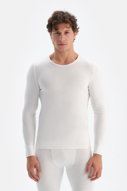 Ekru Sıfır Yaka Uzun Kol Erkek Termal Içlik Tek Üst
