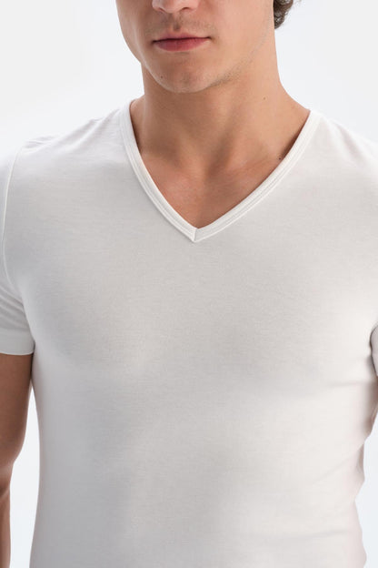 Ekru V Yaka Kısa Kol Erkek Termal Içlik Tek Üst