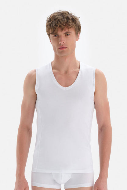 Beyaz Penye V Yaka Kolsuz Erkek Fanila