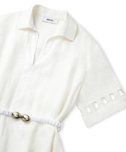 Cutout Detaylı Keten Elbise