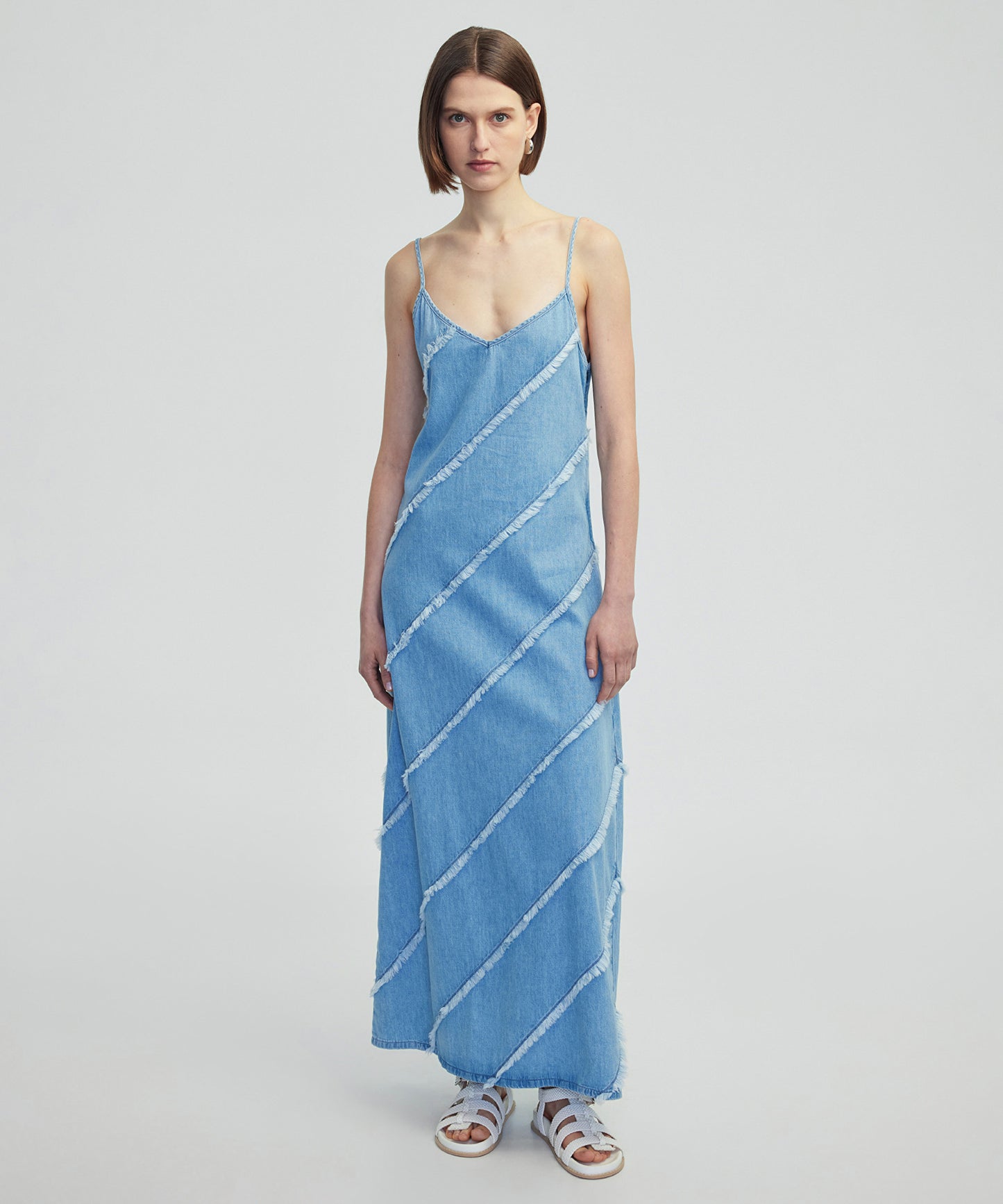 Diyagonal Püsküllü Denim Elbise