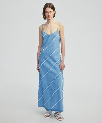 Diyagonal Püsküllü Denim Elbise