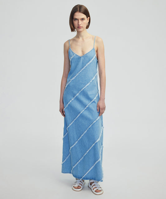 Diyagonal Püsküllü Denim Elbise