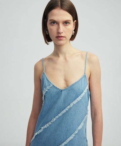 Diyagonal Püsküllü Denim Elbise