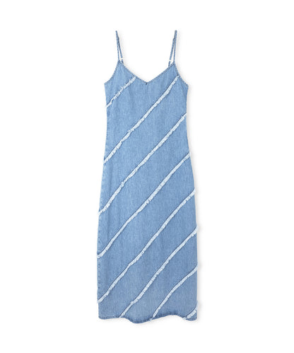 Diyagonal Püsküllü Denim Elbise