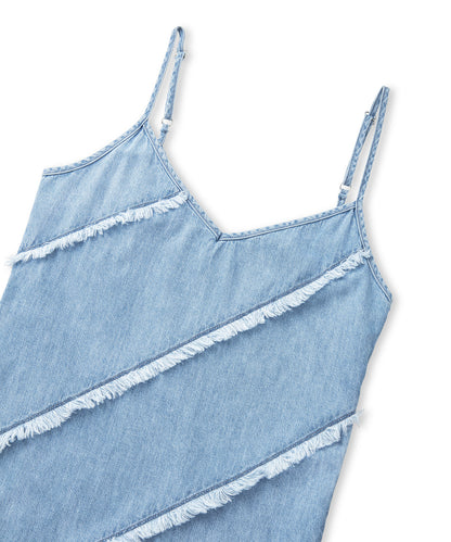 Diyagonal Püsküllü Denim Elbise