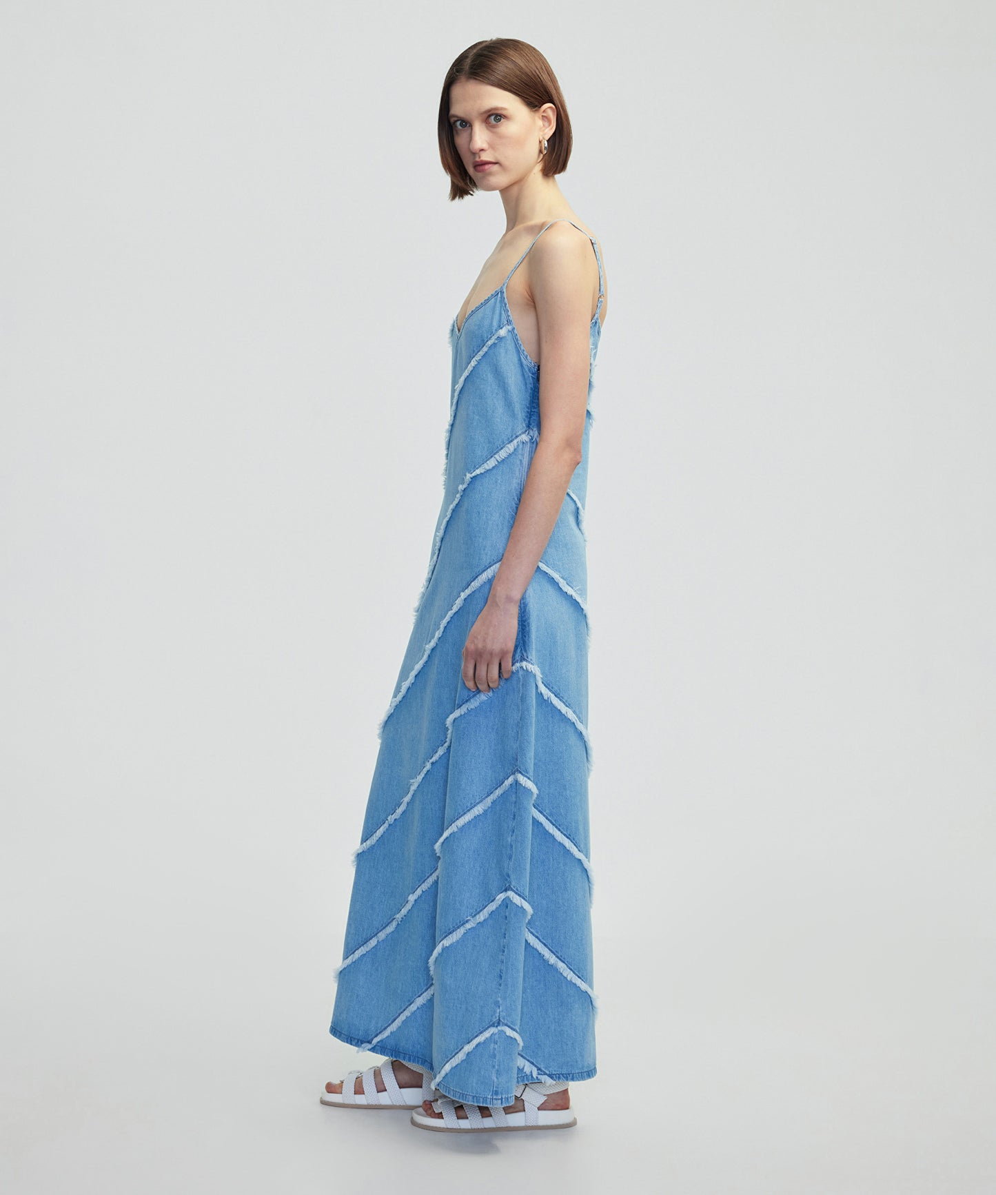 Diyagonal Püsküllü Denim Elbise