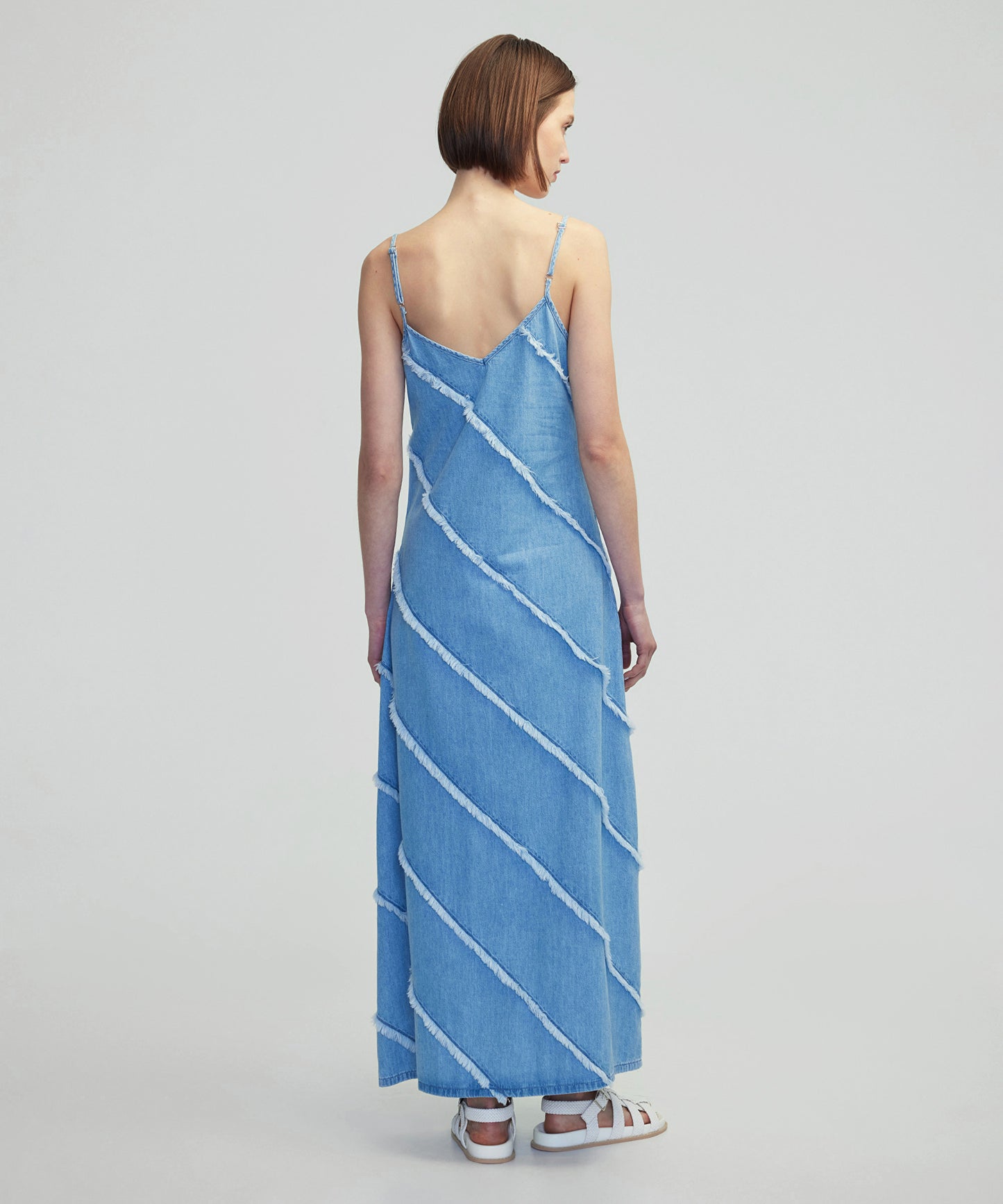 Diyagonal Püsküllü Denim Elbise