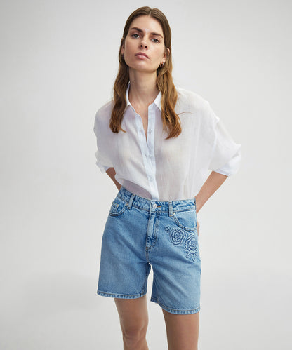 Çiçek Motifli Denim Şort