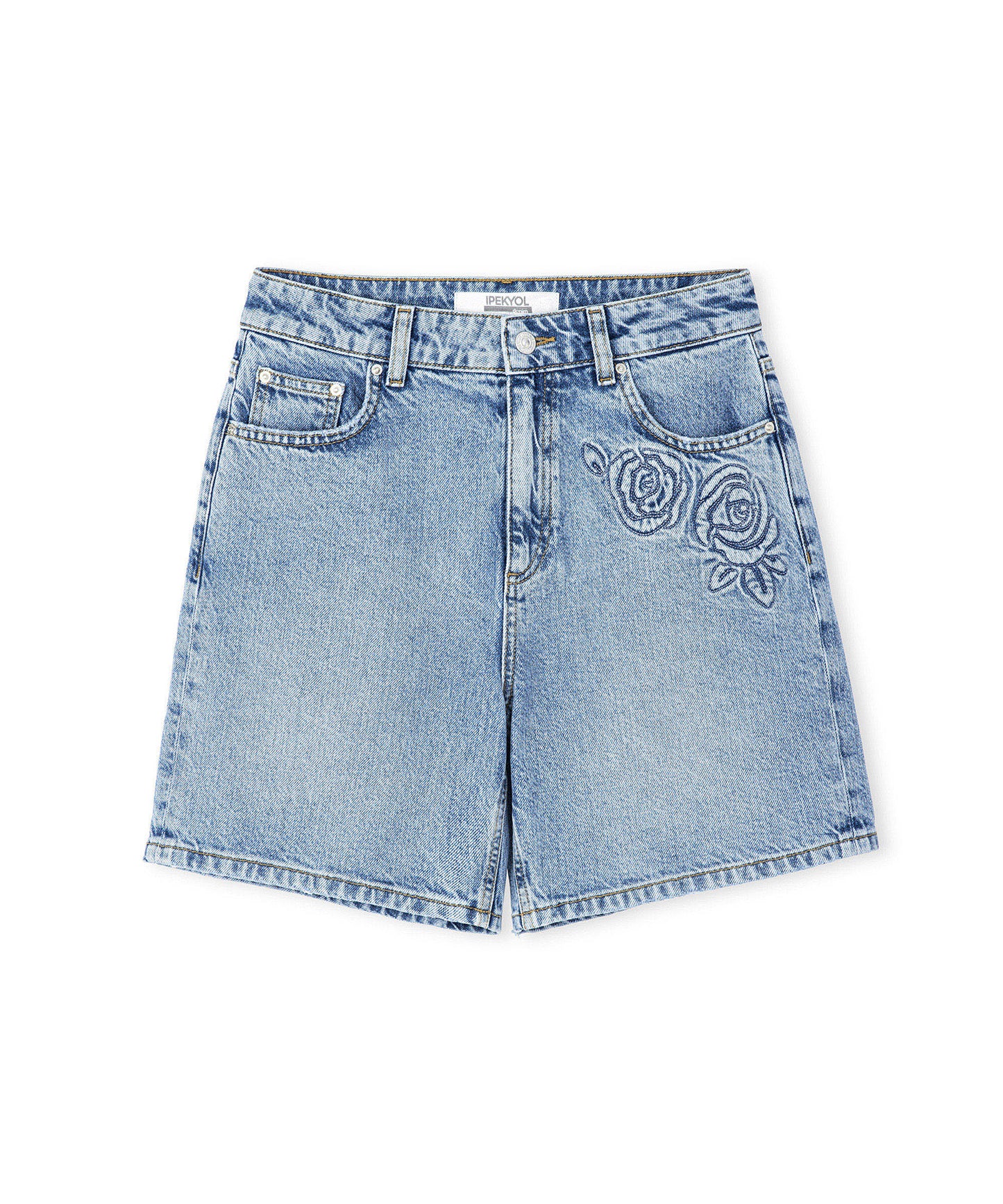 Çiçek Motifli Denim Şort