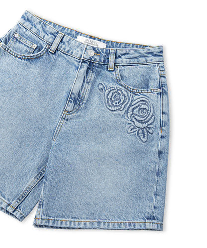 Çiçek Motifli Denim Şort