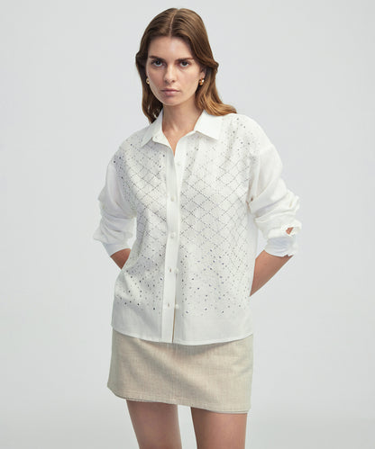 Hotfix Baskılı Düşük Omuz Gömlek