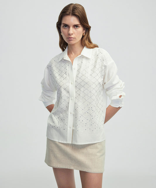 Hotfix Baskılı Düşük Omuz Gömlek