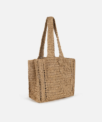 Çiçek Motifli Rafya Çanta