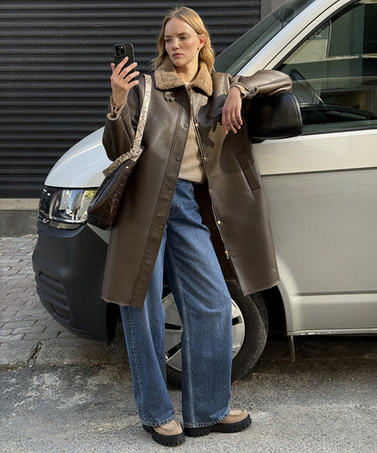 Suni Kürk Mix Deri Görünümlü Mont