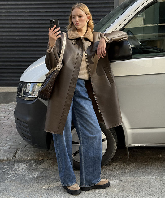 Suni Kürk Mix Deri Görünümlü Mont