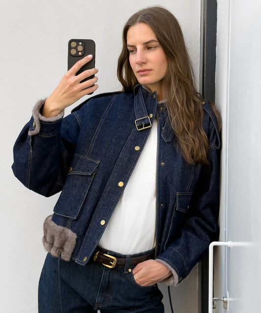 Suni Kürk Mix Kemerli Denim Mont
