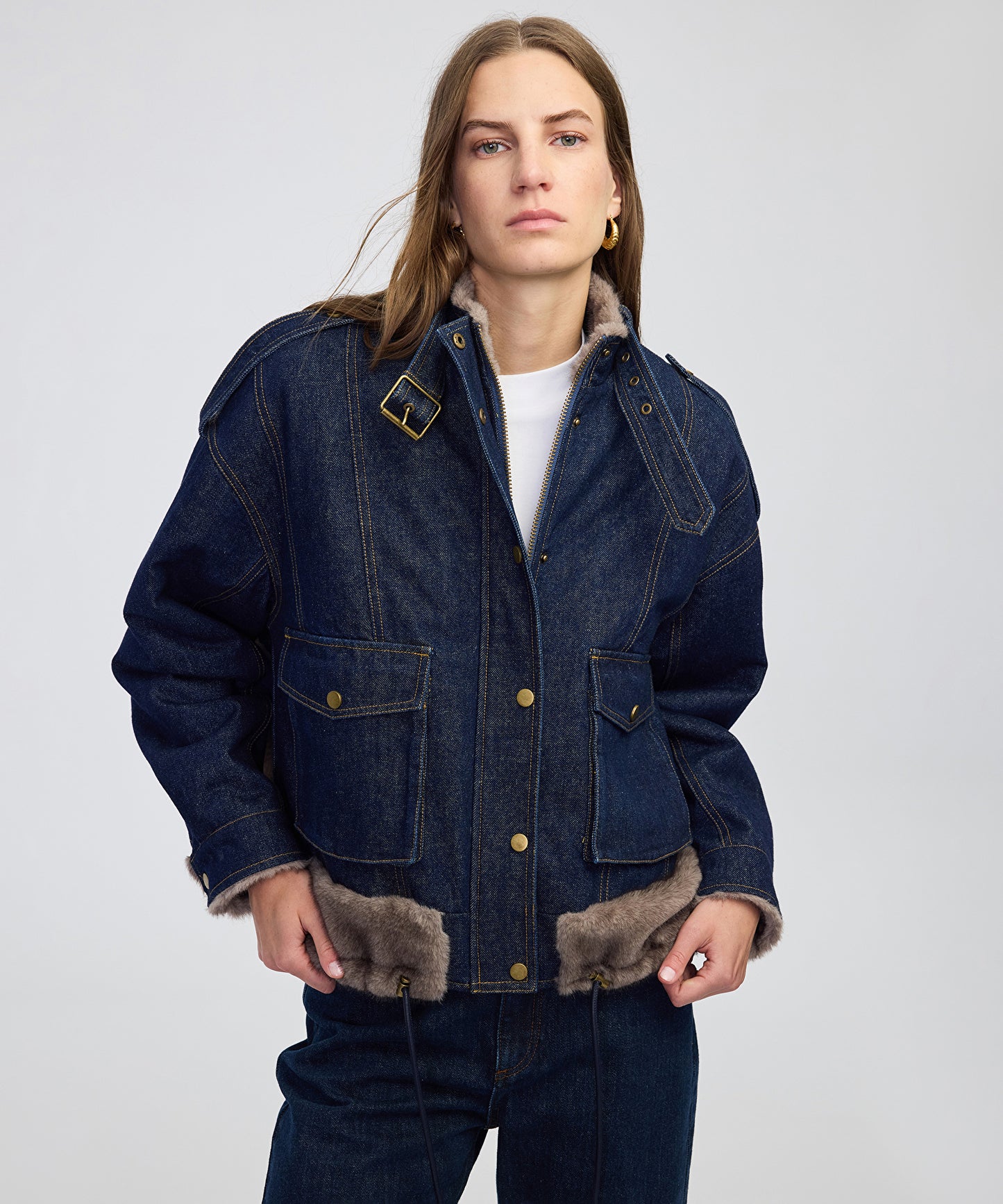 Suni Kürk Mix Kemerli Denim Mont