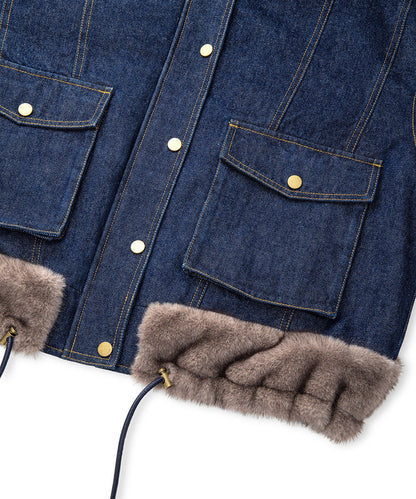 Suni Kürk Mix Kemerli Denim Mont